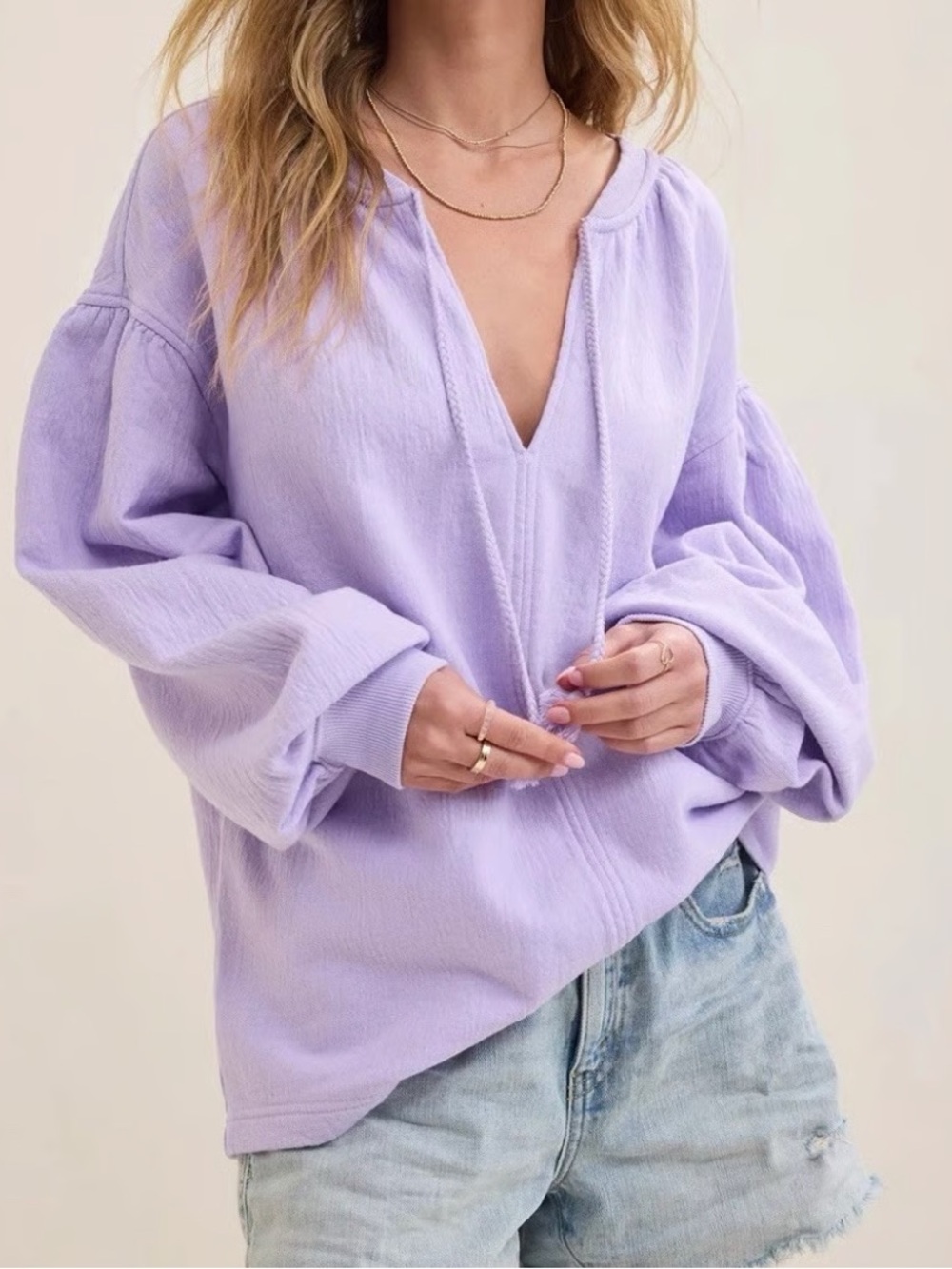 aerie Lavender Deep V Balloon Sleeve Pullover
